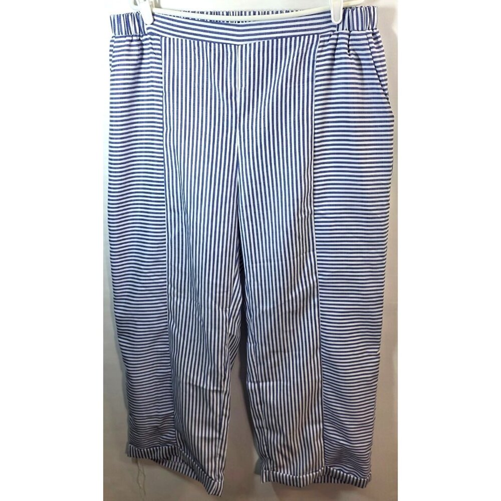 Blue White Striped Elastic Waist Cropped Pants Plus Size 4X Casual Lounge PullOn